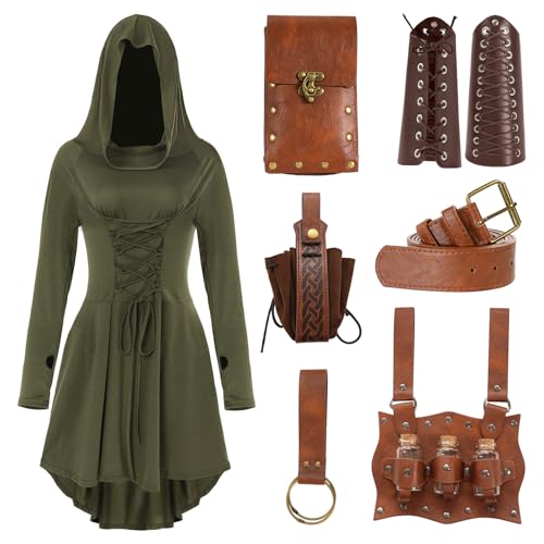Crazycos Mittelalter Kleid Damen Set Renaissance Kostüm Victorian Bekleidung mit Armschützern, Gürteltasche, Gürtel,Party Kostüm Maxikleid Green XXL Crazycos Mittelalter Kleid Damen Set Renaissance Kostüm Victorian Bekleidung mit Armschützern, Gürteltasche, Gürtel,Party Kostüm Maxikleid Green XXL von Crazycos