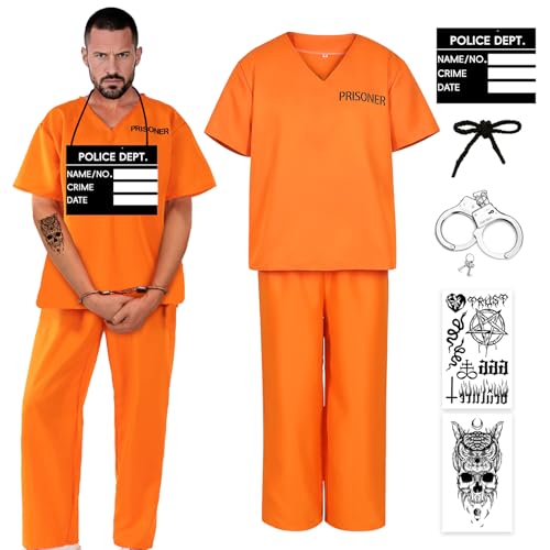Crazycos Sträfling Kostüm Herren, Gefangener Kostüm Herren Mit Handschellen Requisiten Zubehör, Halloween Kostüm Party Rollenspiel Party (2XL) von Crazycos