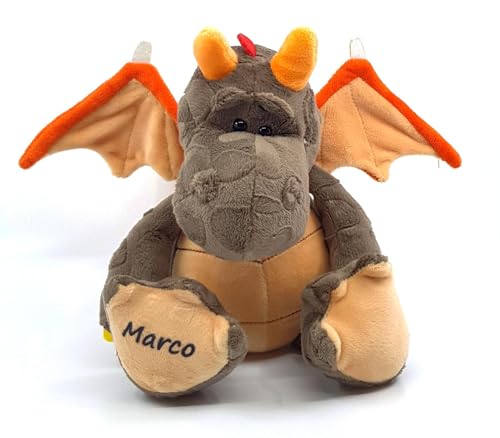 CreaDesign Personalisiertes Drachen Plüschtier mit Name 32 cm Plüsch Stofftier für Kinder, Kuscheltier für Jungen & Mädchen, Gewohnheit Babygeschenk für Geburt, Schule und Kinderzimmer von CreaDesign
