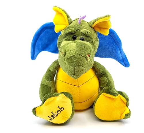 CreaDesign, Kuscheltier Drache personalisierbar mit (Wunsch) Namen, 33cm, Stofftier, Plüschtier, Mädchen Jungen, grün gelb von CreaDesign