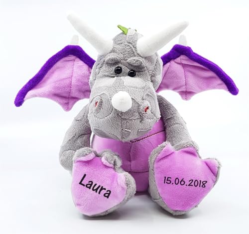 CreaDesign, Kuscheltier Drache personalisierbar mit (Wunsch) Namen, 33cm, Stofftier, Plüschtier, Mädchen Jungen, grau rosa von CreaDesign