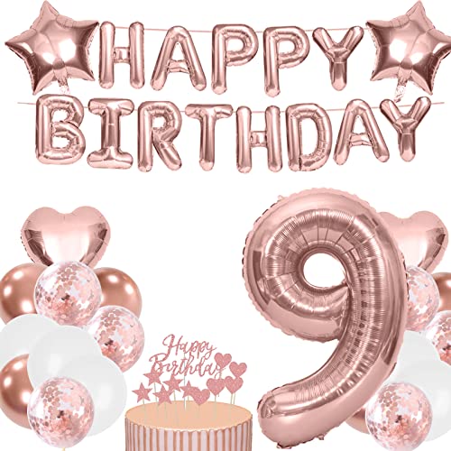Luftballons 9. Geburtstag Deko Mädchen Rosegold, Folienballon 9. Geburtstag Mädchen, Happy Birthday Girlande, Rosegold Tortendeko Geburtstag Für 9. Geburtstagsdeko für Mädchen (9.) von Creaher