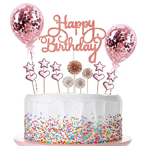 Creaher Tortendeko Rosegold 17 Stück, Happy Birthday Cake Topper Kuchendeko Sterne Herz Cupcake Tortenstecker für Geburtstag Dekoration Mädchen Junge von Creaher