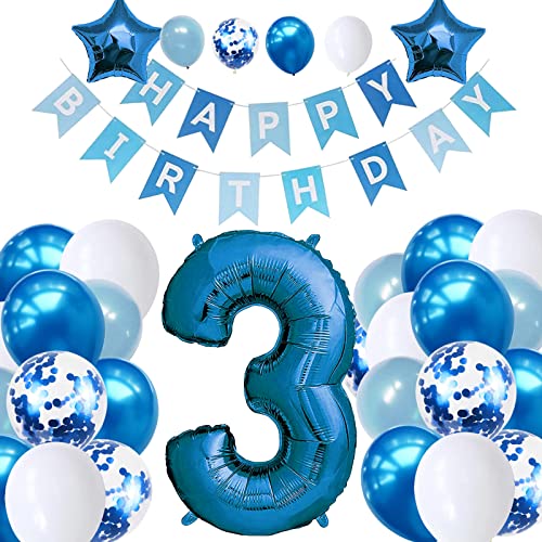 Dekorationsset für Jungen zum 3. Geburtstag, blaues Party-Dekorationsset, Alter 3. Geburtstag, Luftballons mit Happy Birthday-Bannern, Stern-Folienballons für Mädchen, Jungen, Babyparty, Partyzubehör von Creaher