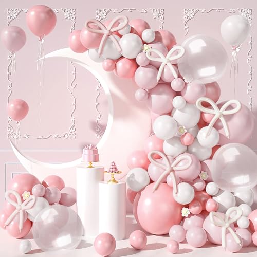 Rosa und Weiß Luftballons Bogen, 134pcs Pastell Rosa Ballonbogen mit Schleife Lange Luftballons Weiß und Bogen Ballon Girlande Kit für Baby Shower Geburtstag Mädchen Hochzeit Party Dekorationen von Creaher