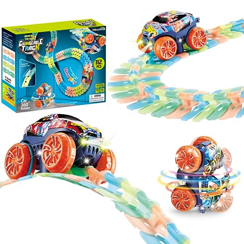 Cream Kids Rennstrecke für Kinder, beleuchtete Saugbahn, Laufspielzeug mit LED-Lichtern, Flexible und Variable Zauberstrecke, Geschenk für Kinder ab 3 Jahren (112 Stück) von Cream Kids