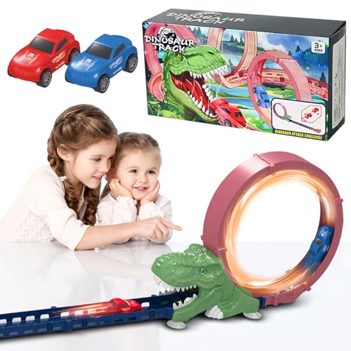 CreamKids Dinosaurier Spielzeug Autorennbahn Rennbahn,mit 2 Trägheits-Rennwagen, kontinuierliche 360 Grad drehende Rennbahn,Kinder Spielzeug Track für 3+ Kinder Geburtstage,Geschenk,Familienfeiern von Cream Kids