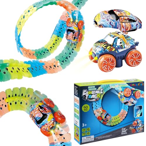 CreamKids Kinder Rennbahn Spielzeug, leuchtende Saugnapfbahn, Rennauto Spielzeug mit LED Lichtern, Weihnachts- Geburtstagsgeschenk Spielzeug für Kinder ab 3 Jahren (60 Stück) von Cream Kids