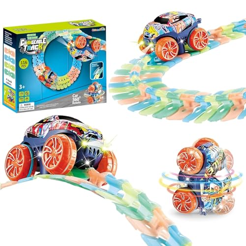Cream Kids Kinder Rennbahn Spielzeug, Light-up Suction Cup Track, Autorennbahnen Spielzeug mit LED Lichtern, Weihnachten Geburtstag Geschenk Spielzeug für Kinder 3+ (116 Stück) von Cream Kids