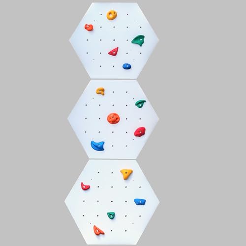 Create for you - Kletterwand für Kinderzimmer - Hexagon - Weiß - Indoor - Heimklettergerüst - Spielplatz - Trainingsgeräte für Zuhause - 3X Wandpaneel 86x225 cm - mit 15 bunten Griffen/Steinen von Create for you