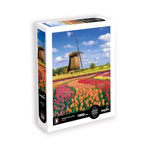 Calypto 3907051 Tulpenfeld, 1000 Teile Puzzle mit Soft-Touch, Landschaftspuzzle mit samtiger Oberfläche, für Erwachsene und Kinder ab 9 Jahren, Holland, Mühle, Blumen von Calypto