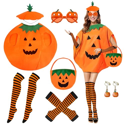 Creerluces Halloween-Kürbis-Kostüm für Damen und Erwachsene, Halloween-Kürbis-Kostüm für Erwachsene, Verkleidung mit Kürbissocken, Ohrringen, Brille, Tasche für Damen, Kürbis-Outfit von Creerluces