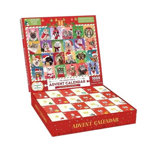 CreoQIJI Holzpuzzles 2023 Weihnachts-Adventskalender Jigsa W Puzzle Weihnachtshund 24 Schachteln mit 1008 Puzzles Countdown bis Weihnachten Weihnachtsdekorationen (Red, One Size) von CreoQIJI
