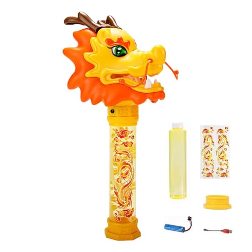 CreoQIJI Leuchtender Tanz-Drachen-Blasenmaschine, Blasenstab, Blasenmacher für Kinder, vollelektrisches Licht mit Musik, Drachenjahr-Blasenmaschine für Kinder, Neujahr, mit 180 ml (Yellow, One Size) von CreoQIJI