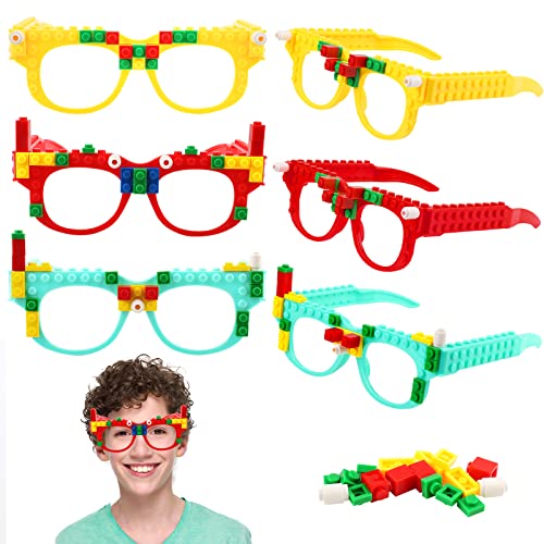 Cresbel Bauklötze Brille - 12 Stück Party Brille Lustig mit DIY Blöcken, Building Bricks Gläser, Bausteine Brillen Party Zubehör, für Kinder Partys Geburtstag, Bauklötze Themen Party, Foto Requisiten von Cresbel