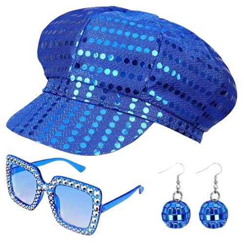 3-teiliges Abba-Kostüm, Pailletten-Hut, Brillen-Ohrring-Set, 70er-/90er-Jahre, Disco-Kostüm, Zubehör für Damen, Maskenball (funkelndes Blau) von Cretvestsar