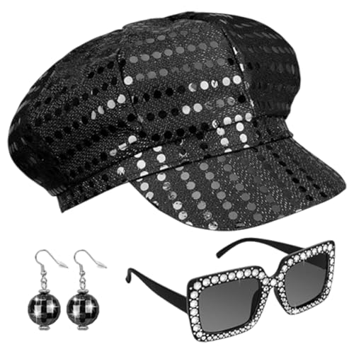 3-teiliges Abba-Kostüm, Pailletten-Hut, Brillen-Ohrring-Set, 70er-/90er-Jahre, Disco-Kostüm, Zubehör für Damen, Maskenball (funkelndes Schwarz) von Cretvestsar