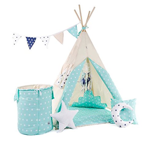 Indianerzelt Tipi Set für Kinder| Spielzeug drinnen draußen Spielzelt Zelt mit Korb Tipi-Set Indianer Indianertipi (Tipi mit 8 Elementen, leuchtender Himmel) von Cristal