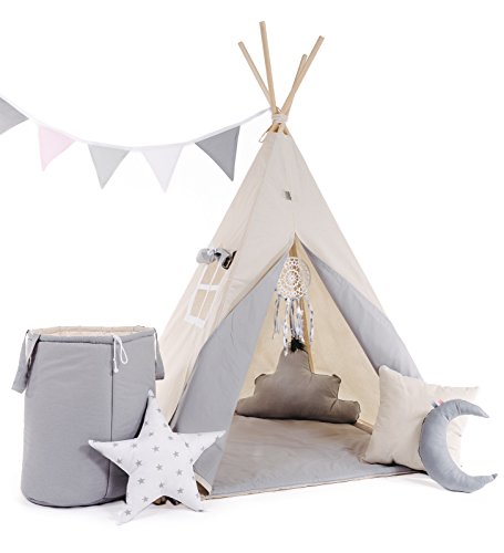 Kinder Teepee Tipi Set für Kinder Spielzeug drinnen draußen Spielzelt Zelt 8 Elemente dabei Tipi-Set Indianer Indianertipi mit Fenster usw. (Tipi mit 8 Elementen, Grauer Wolf) von Cristal