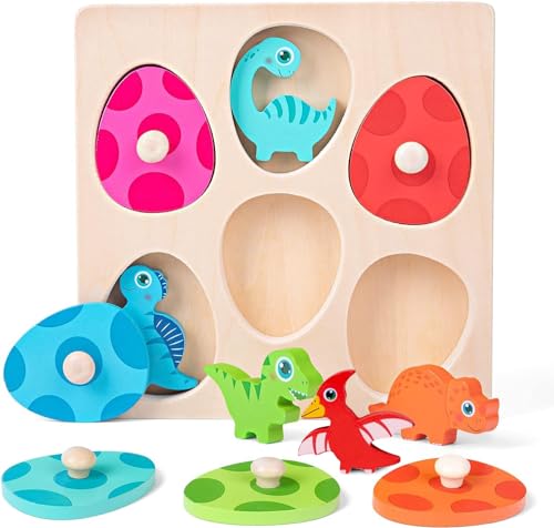 Criveple Holzpuzzle ab 1 Jahr | Baby-Holzspielzeug Dino-Eier für 12–36 Monate Mädchen und Jungen | Kinder Greifpuzzle Motorikspielzeug Sortierspiel | Geburtstagsgeschenk (Dino & Eier) von Criveple
