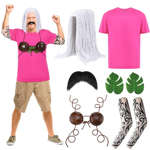 Croknit 7-teiliges hawaiianisches Halloween-Kostüm-Set für Erwachsene, T-Shirt, Kokos-BH, Mophead, Schnurrbart, Tattoo-Ärmel, Schildkröte, Blatt, für Cosplay, Größe M von Croknit