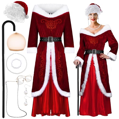 Croknit Damen Mrs. Claus Santa Kostüm, 10 Stück, Damen Mrs. Claus Deluxe Erwachsene Damen Deluxe Kostüm für Weihnachten (klassisch, groß) von Croknit