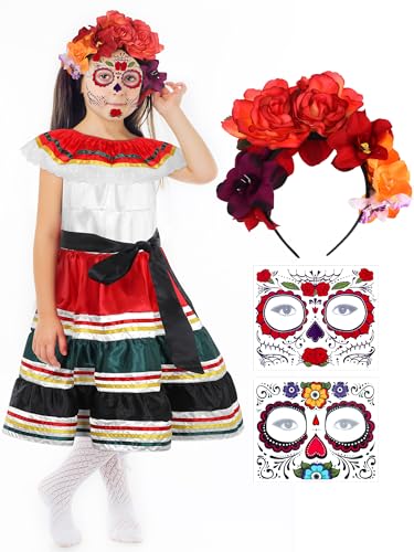 Croknit Traditionelles mexikanisches Kostüm für Mädchen, inklusive Cinco de Mayo Kleid, Blumenkranz, Stirnband und Gesichtstattoos zum Tag der Toten (süßer Stil, mittelgroß) von Croknit