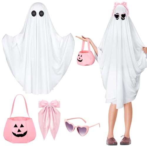 Croloose Weißes Geisterkostüm, gruselige Geister, Umhang, Kürbis, Brille, Schleife für Halloween, Party, Cosplay, Größe M, 4 Stück von Croloose