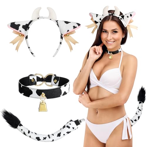Crowye 3-teiliges Kuh-Kostüm-Set inklusive Samt-Kuhhörnern, Stirnband, biegbarem Drahtschwanz und bedrucktem Halsband, Choker-Halskette für Halloween, Erwachsene, Frauen, Cosplay-Zubehör Crowye 3-teiliges Kuh-Kostüm-Set inklusive Samt-Kuhhörnern, Stirnband, biegbarem Drahtschwanz und bedrucktem Halsband, Choker-Halskette für Halloween, Erwachsene, Frauen, Cosplay-Zubehör von Crowye