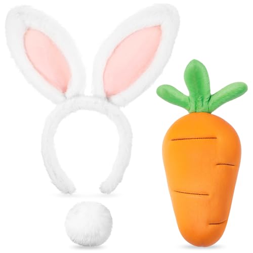 Crowye 3-teiliges Osterhasen-Kostüm-Set, Plüsch, Hasenohren, Stirnband, Kaninchenschwanz, Karotte, Spielzeug für Frauen und Erwachsene, Cosplay, Osterparty, Weiss/opulenter Garten, 3.15 inches/ 8 cm von Crowye