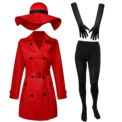 Crowye 4 Pcs Halloween Damen Rot Trenchcoat Kostüm Set Zweireihig Klassischer Revers Mantel mit Hut, Handschuhen und Strumpfhosen (X-Large) von Crowye