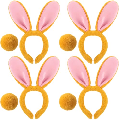 Crowye 4 Sets Halloween Hasenohren Stirnband und Schwanz Set, Plüsch Hasenohren Stirnband Frauen Kostüm Zubehör Set für Halloween Ostern Cosplay Erwachsene (Braun) von Crowye