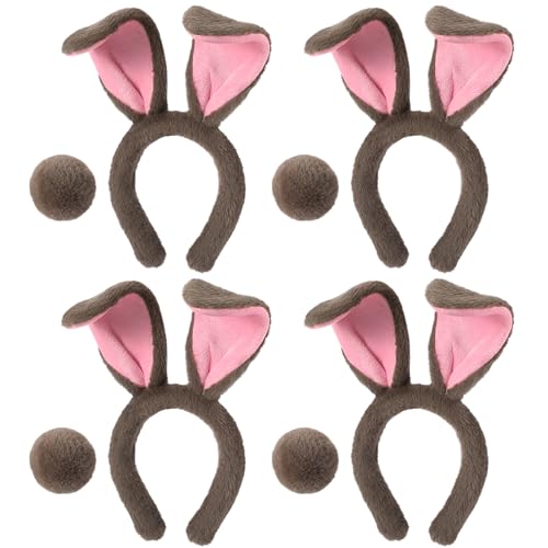 Crowye 4 Sets Halloween Hasenohren Stirnband und Schwanz Set, Plüsch Hasenohren Stirnband Frauen Kostüm Zubehör Set für Halloween Ostern Cosplay Erwachsene (Grau) von Crowye
