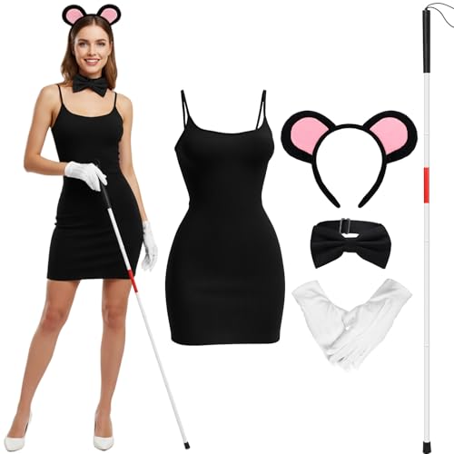 Crowye 5-teiliges Halloween-Maus-Kostüm-Set für Damen, Mäuse, Ohren, Stirnband, Führungsstock, schwarz, volle Slips, Kleid, Fliege, weiße Handschuhe (Größe XL) von Crowye