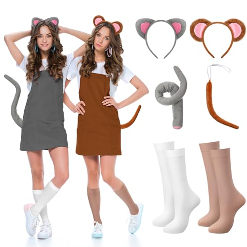 Crowye 6-teiliges Halloween-Kostüm-Zubehör für Katzen und Maus, inklusive grauem Katzenohren, Stirnband, brauner Maus-Ohren, Stirnband, 2 Schwanz und 2 Socken über der Wade, für Erwachsene, Halloween von Crowye