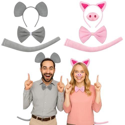 Crowye 7-teiliges Halloween-Elefanten- und Schweine-Kostüm-Set beinhaltet rosa Schweine-Stirnband, Nase, Fliege, Schwanz und graues Elefanten-Stirnband, Fliege, Schwanz, Kostümzubehör für Halloween von Crowye