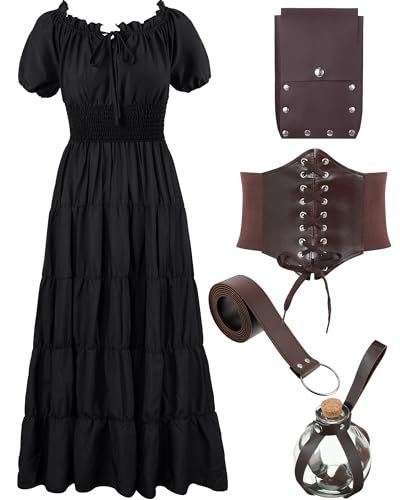 Crowye Frauen Renaissance Kostüm beinhaltet mittelalterliches Chemise langes Kleid Ledergürtel Korsett Taille Gürtel Tasche Trank Flasche (schwarz, klein) von Crowye