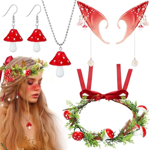 Crowye Halloween Renaissance Pilz Kostüm Set Waldkrone und Waldelfenohren mit Blume und rotem Pilz mit Ohrringen Halskette Set für Elfe Cosplay Renfaire Zubehör Frauen Outfit Crowye Halloween Renaissance Pilz Kostüm Set Waldkrone und Waldelfenohren mit Blume und rotem Pilz mit Ohrringen Halskette Set für Elfe Cosplay Renfaire Zubehör Frauen Outfit von Crowye