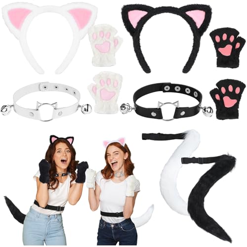 Crowye Katzenkostüm-Outfit-Set, schwarz-weiß, Katzenohren und -schwanz, rosa Innenohren, Pfoten, Handschuhe und Glöckchen-Halsband, Halskette, Halloween, Party, Cosplay, Kostüme für Damen, Erwachsene von Crowye
