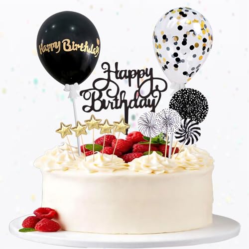 Happy Birthday Tortendeko 12 Stück, Happy Birthday Kuchendeko, Kuchendeko Geburtstag Junge, Cake Topper Schwarz, Topper Tortendekoration mit Golden Sterne Konfetti Luftballons für Geburtstagsfeier Happy Birthday Tortendeko 12 Stück, Happy Birthday Kuchendeko, Kuchendeko Geburtstag Junge, Cake Topper Schwarz, Topper Tortendekoration mit Golden Sterne Konfetti Luftballons für Geburtstagsfeier von Crrynuo