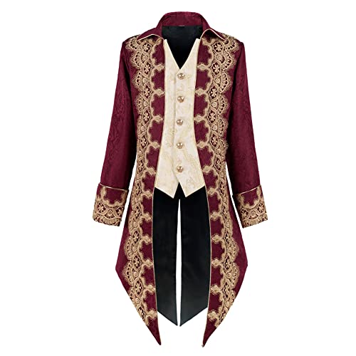 Crubelon Herren Steampunk Mittelalter Jacke Gothic Viktorianischer Frock Mantel Uniform (Rot, Medium) von Crubelon