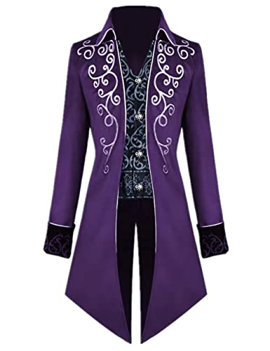 Crubelon Herren Steampunk Vintage Frack Jacke Gothic Victorian Frock Coat Uniform Halloween Kostüm (Lila, L) von Crubelon