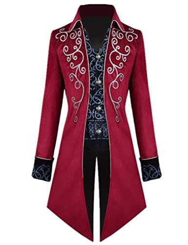 Crubelon Herren Steampunk Vintage Frack Jacke Gothic Viktorianischen Frock Mantel Uniform Halloween Kostüm - Rot - X-Large von Crubelon