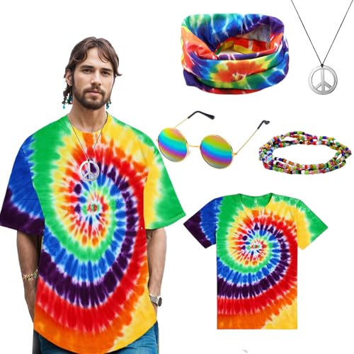 Crusward Hippie Kostüm Herren Damen, 60er 70er 70er jahre kostüm herren mit buntes T-Shirt, Gläser, Stirnband, Halskette, Armband hippie kostüm Damen Herren für Karneval Fasching (M) von Crusward