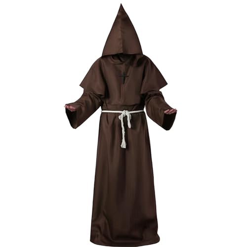 Crusward Mönch Kostüm Herren Kinder, Halloween Kostüm Mönch Set mit Mönch Robe, Kreuz-Halskette, Handschuhe, Kordel Monk Priester Costume Cosplay für Halloween, Karneval (Erwachsener (braun), M) von Crusward