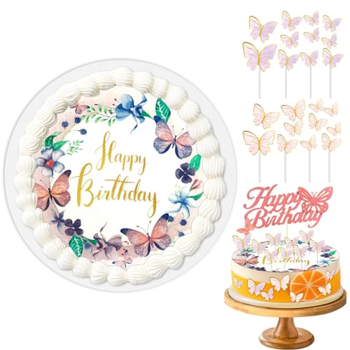 22 Stück Schmetterlinge Torten Deko, Torten Deko Mädchen, Tortenaufleger Geburtstag, tortendeko Geburtstag Essbar, Rund 20 cm - Esspapier Tortendeko - Cake Decoration von Crzyplea