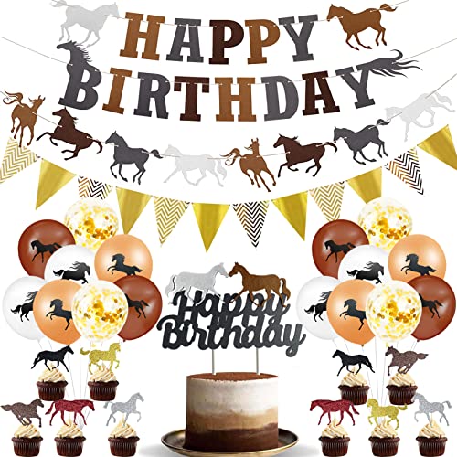 Pferde Geburtstagsdeko,Kindergeburtstag Deko Enthalten 12 Luftballon Pferd,12Cupcake Topper,Happy Birthday Banner,Pferdeparty,Geburtstagsdeko Mädchen,Pferde Deko Kindergeburtstag 32 Stück von Crzyplea