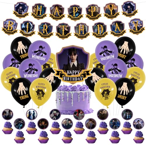 51 Stück Wednesday Geburtstag Dekorationen,Wednesday Cupcake Topper,Wednesday Addams Luftballons,Cupcake Topper,Party Personalisiert Dekorationen,Schwarz Blau Latexballons Happy Birthday Banner von Crzyplea