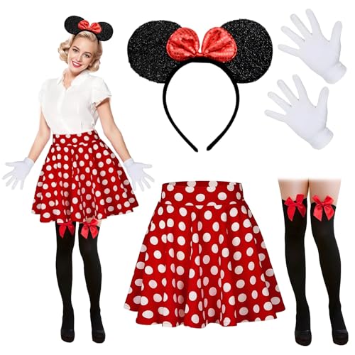 Crzyplea Mouse Faschingskostüme Damen Mit Weiß Gepunktet Pailletten Haarreifen+Faltenrock+Overknee Strümpfe+Handschuhe Für Kostümparty, Fasching, Karneval Party (XL) von Crzyplea