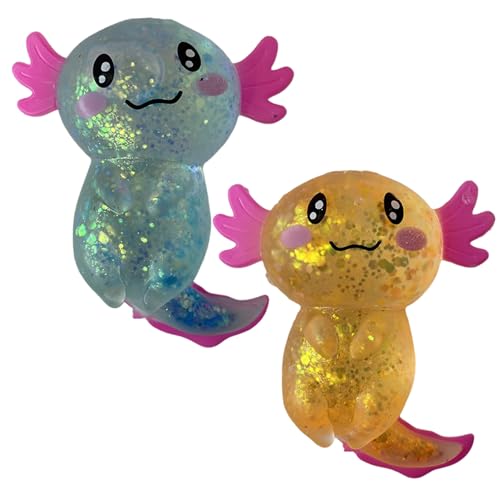 Axolotl Squish Toy 2pcs 4 Zoll tragbare Angst und Stressbekämpfung entzückender lebendiger Glitzer Axolotl Spielzeug für Kinder Erwachsene Party Geburtstagsgeschenke Blau + Orange von Csafyrt